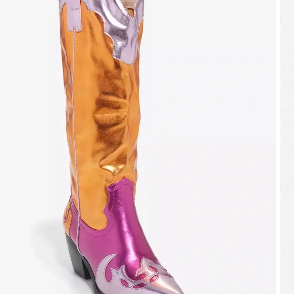 AKIRA Metallic Pink and Gold Over-the-Knee Western Boots